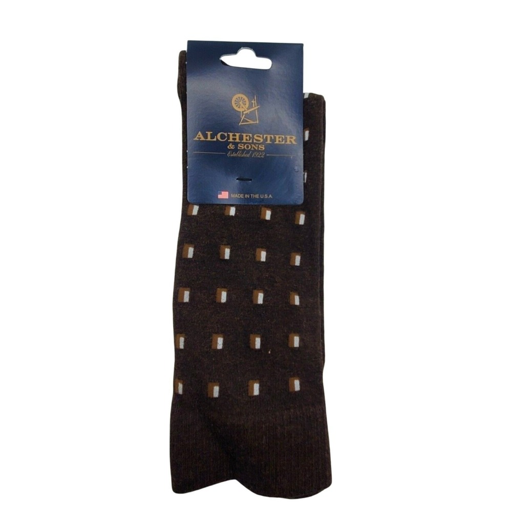 Brown Cotton Crew Socks Large Mens 10-13 Alchester Clayton Tan Geometric Pattern